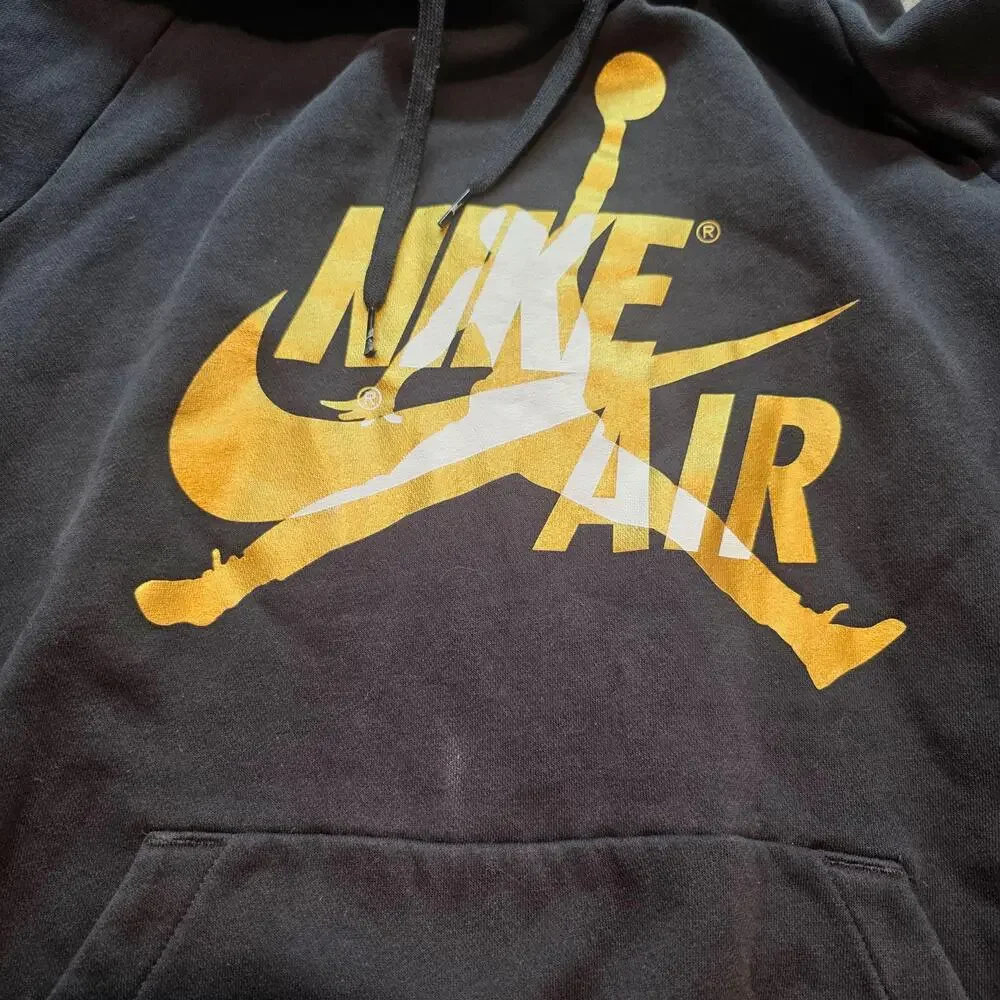 Air Jordan Hoodie Mens L Black Nike Air Jumpman Gold Logo Sleeve Print Fleece